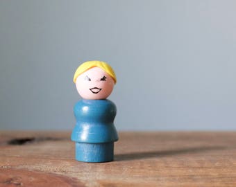 Vintage 1970's Fisher Price Little People Mom | Wooden Blue Body with Blonde Yellow Hair Ponytail