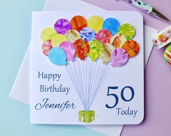 50th Birthday Card - Personalised Age 50 Birthday Balloons Card - Handmade Custom Personalised - Mum - Dad - Sister - Friend Colourful BHB50