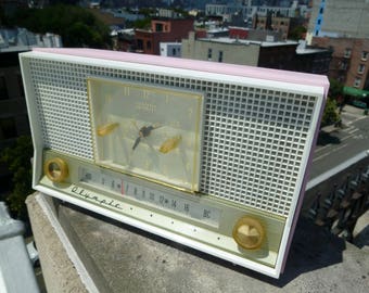 1956 OLYMPIC Pink and Gold Tube Radio & AM Clock Model 555 -Long Island, NY - Working!