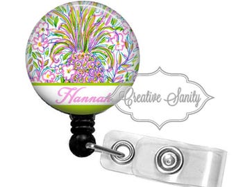 Retractable Badge Holder, Personalized Preppy Watercolor Pineapple, Choice of Badge Reel, Carabiner, Lanyard or Stethoscope ID Tag, Littmann