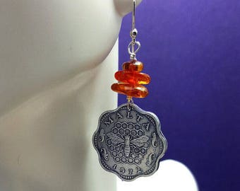 Bee Earrings. Amber earrings. 1972 Bee Coin earrings. insect earrings. amber jewelry. Malta. coin jewelry. honeybee earrings. amber dangles