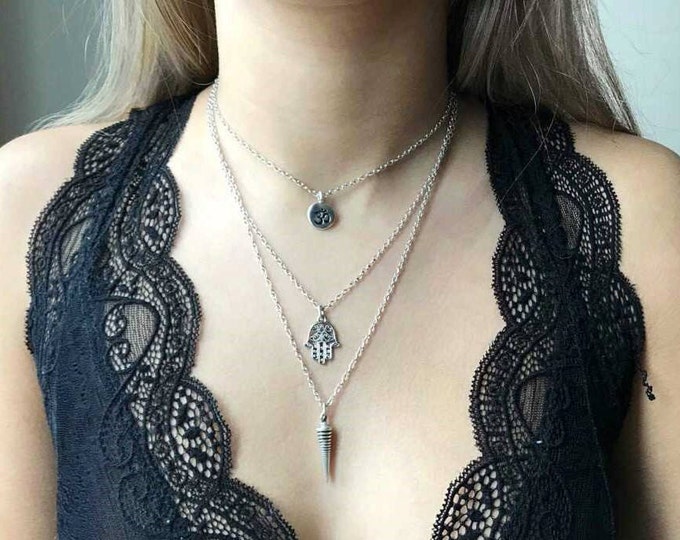 Zen necklace, silver necklace, Fatima hand necklace, necklace for women, silver layered necklace, choker necklace, necklace for her