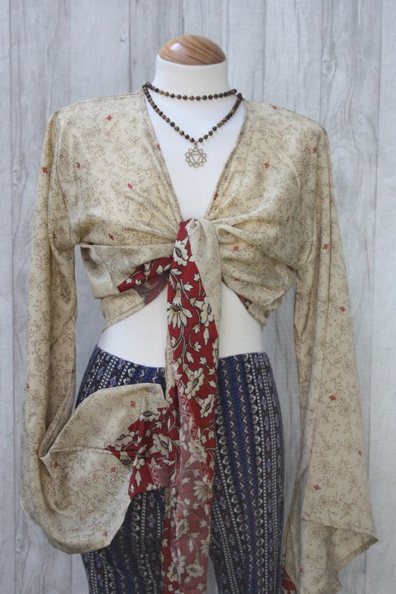 SILK CROP TOP - Bell sleeve crop top- Silk Tie Top- Vintage- Festival Top- Hippie- Retro- 70s- Crop Top- 100% Silk- Couture