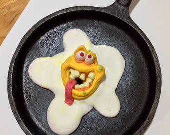 Eddy the Fried Egg Monster, Hand Made OOAK Original Polymer Clay Figurine