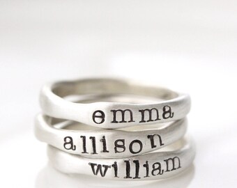 Stacking Name Ring, Sterling Silver Name Rings, Mother's Jewelry, Sterling Silver Name Band, Date Ring, Organic Ring, Stacking Rings for Mom