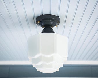 Multiples Available! Vintage Rewired Flush Mount Ceiling Light Fixture Art Deco Gray Brass White Milk Glass Skyscraper Schoolhouse Entry