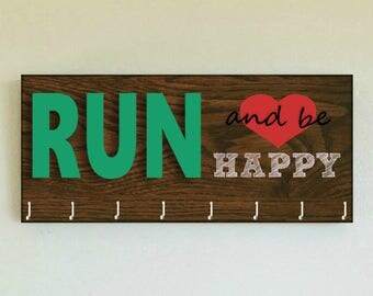 Race Medal Holder /  Race Medal Hanger. "Run and be Happy"  Wood Wall Mounted Wood Organizer. CUSTOMIZATION Available