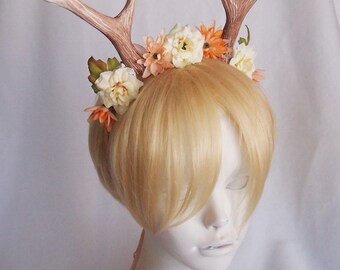 6" Antlers Headband / Cream and Peach Flowers / Lovely Deer Costume / Ready to Ship