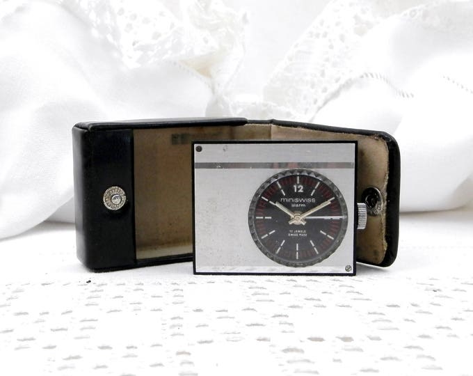 Small Working Vintage Mid Century 1960s Swiss 17 Jewel Mechanical Travel Alarm Clock Miniswiss with Black Case, Wind-up Clock Switzerland