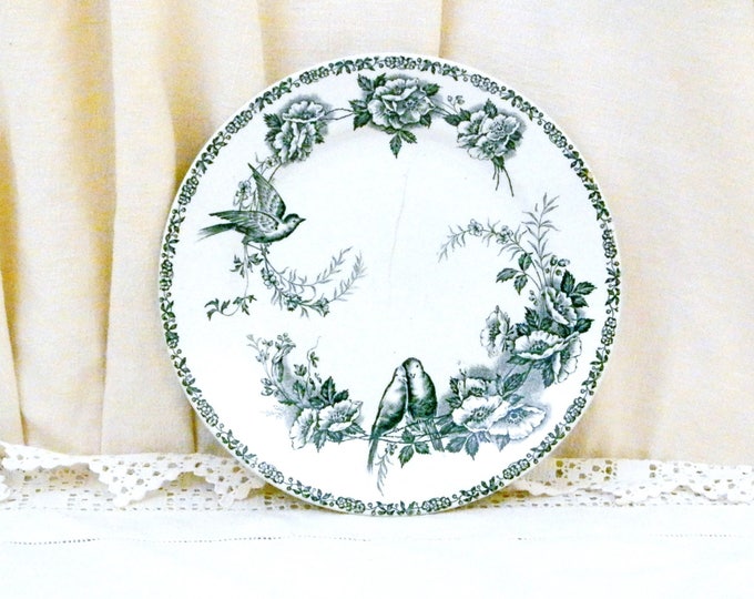Antique French Ironware Plate With Bird / Bluetit and Rose Flower Transfer Pattern in Teal Blue, St Amand Faience, Pottery from France