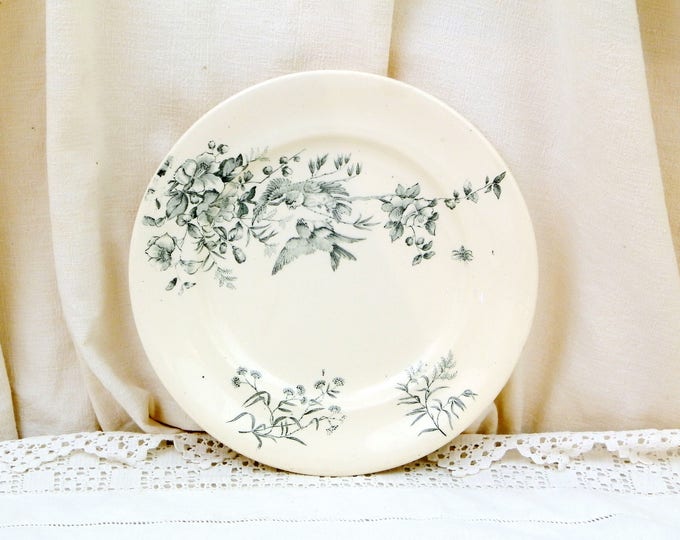 Antique French Ceramic Bird Pattern Plate, Dark Blue on White Blue Tits with Wild Rose Design, Victorian Decorative Dinnerware
