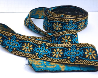 Cotton Woven Jacquard Ribbon Jacquard Trim Blue and Gold Trim Woven Ribbon 1.75 inches wide