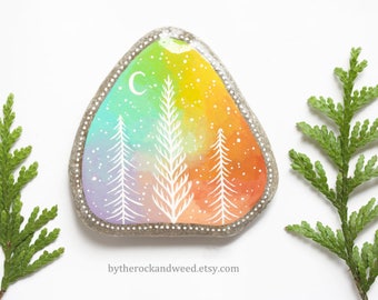 Pastel Rainbow Trees Painted Rock, 3.5" by 3.5" Hand-Painted Stone, Tree Painting, Galaxy Painting, Moon and Stars, Nature Painting