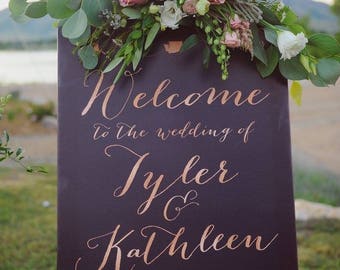 Rose Gold Wedding Welcome Sign, Wedding Reception Sign, Rose Gold Wedding Sign, Navy wedding sign - The Kathleen by Miss Design Berry