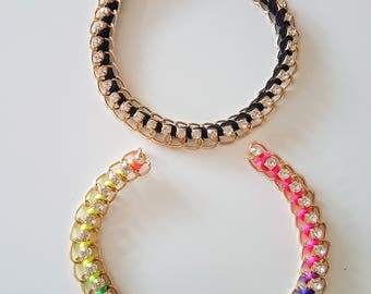 Gold, Black / Blue, Green, Yellow And Pink Choker Collar, Metal Choker, Fabric Choker With Diamante Swarovski Crystal - 200317A116A/B