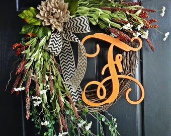 The Grand Fall Wreath With Vine Letter, Wreath for Thanksgiving, Chevron Burlap Wreath, Autumn Wreath, Fall Monogram Wreath, Fall Door Decor