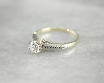 Stunning Engraved Diamond Solitaire, Vintage Diamond Engagement Ring, Two Tone Diamond Ring N2XAQL-P