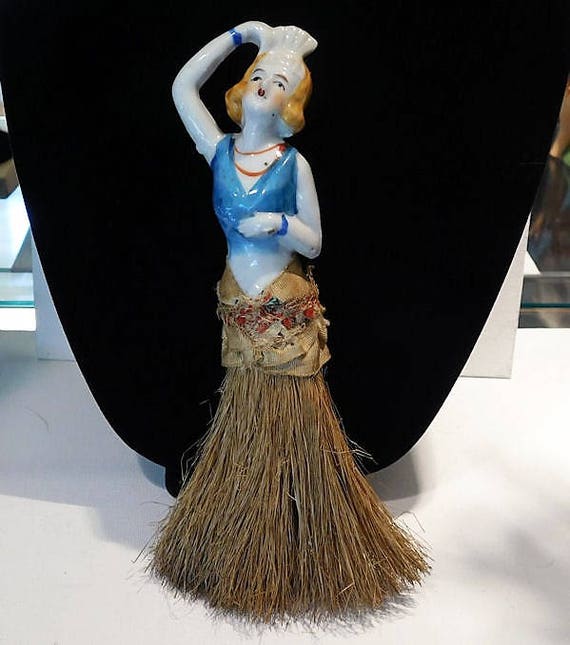 Porcelain Half Doll Whisk Broom Brush Art Deco 1920s Flapper Ziegfeld Follies Dancer Burlesque China Doll Vanity Cottage Home Decor Boudoir