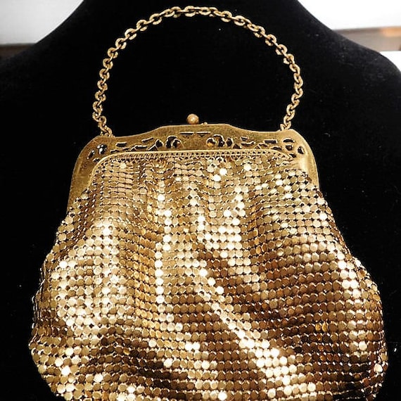 Gold Enamel Mesh Whiting Davis Evening Handbag Pouch Purse 1940s Fashion Late Art Deco Early Mid Century Bag Open Framework Filigree Frame