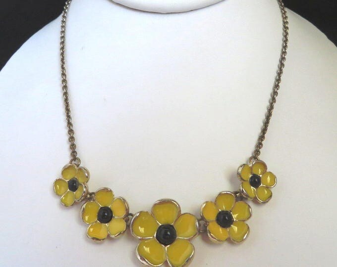 Yellow Flower Necklace, Vintage Enameled Floral Necklace, Bib Necklace, Summer Necklace, Gift Idea