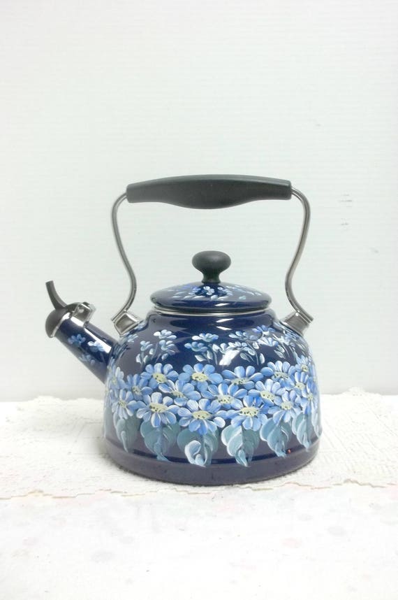 Dark Cobalt Blue Tea Kettle Hand Painted Enamel on Steel