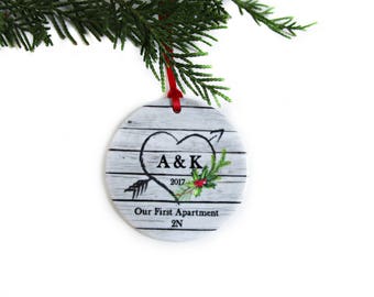 Our First Apartment Christmas Ornament - Personalized 1st Apartment Ornament - Rustic Ceramic Ornament with Heart - Unique Housewarming Gift