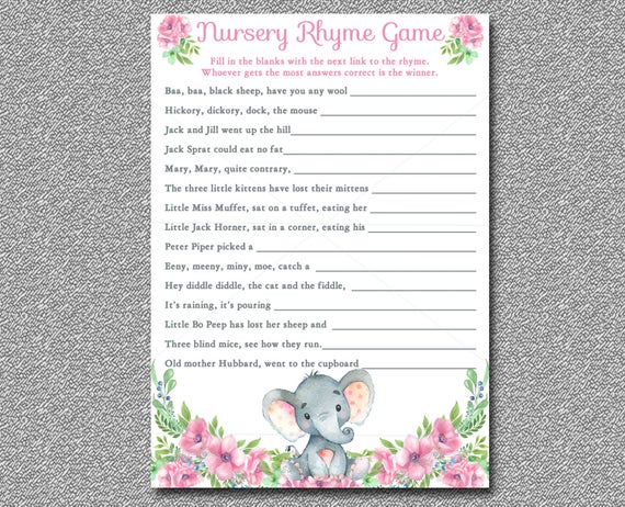 pink elephant baby shower game nursery rhyme game printable