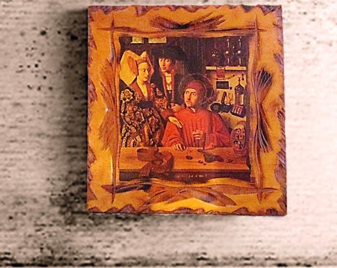 Vintage Petrus Christus Decoupage Wood Burned Wall Hanging - Goldsmith In His Shop - Renaissance Art Gift - Saint Eligius - Wedding Ring Mom