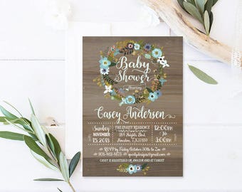 Wood baby boy shower invitation, Wreath baby boy shower invitations, Wreaths baby boy shower invite, Floral baby boy shower invitation, WR
