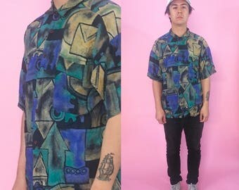 Vintage shirt patterned size medium rayon shirt 1990s 1980s all over print abstract shirt geometric pattern picasso coogi