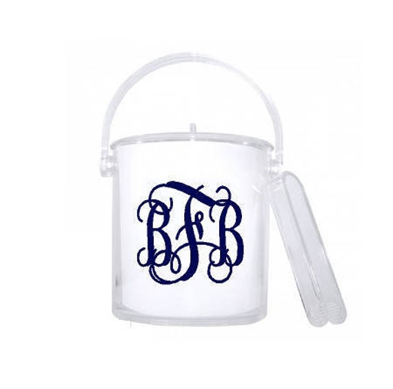 Monogrammed ice bucket with tongs. Personalized clear acrylic