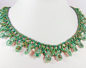SEED BEAD NECKLACE, seed bead jewelry, green necklace, green jewelry, green crystals,silver toggle, toggle clasp,choker, green choker - 2038