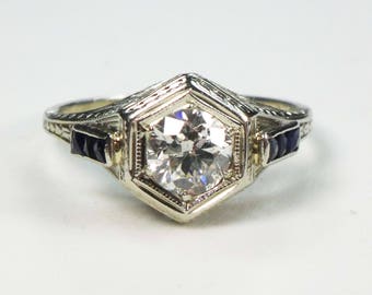 Vintage Diamond Ring 20k Gold Antique Diamond Filigree Ring Old European Cut Diamond Engagement Ring with Sapphires Circa 1930 .51 Carat