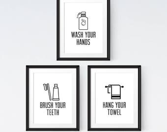 Bathroom wall decor Printable sign Print set of 3 Flush