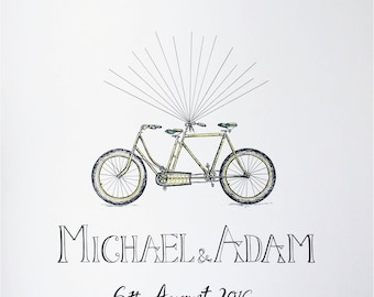 Personalised Custom Hand Drawn Illustrated Wedding Guest Art Fingerprint Balloon Tandem Bike Bicycle A3