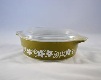 Crazy Daisy Spring Blossom Avocado Green Small Pyrex Casserole