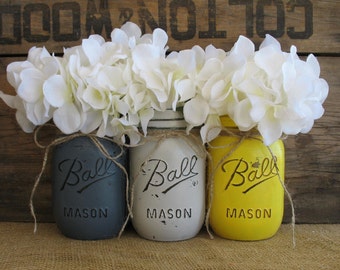 ON SALE NOW!! Set Of 3 Pint Mason Jars, Painted Mason Jars, Yellow and Gray Mason Jars, Country Home Decor, Yellow & Gray Mason Jars