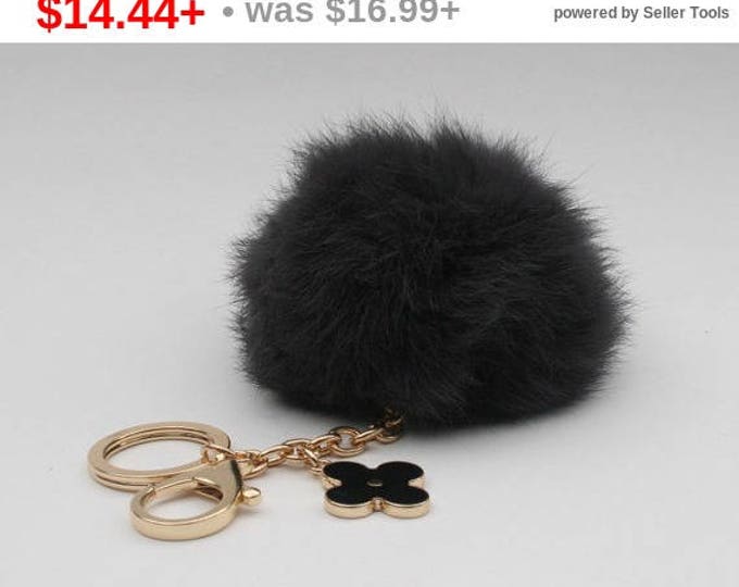 Pom-Perfect BLACK Rabbit fur pom pom ball keychain or bag pendant with flower keychain