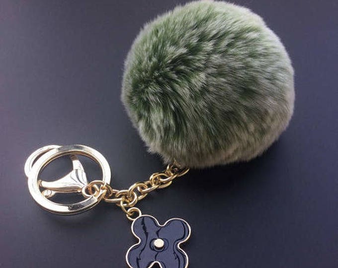 Green Frost SMALL 6cm Genuine Rabbit fluffy ball furkey fur ball pom pom keychain for car key ring Bag Pendant