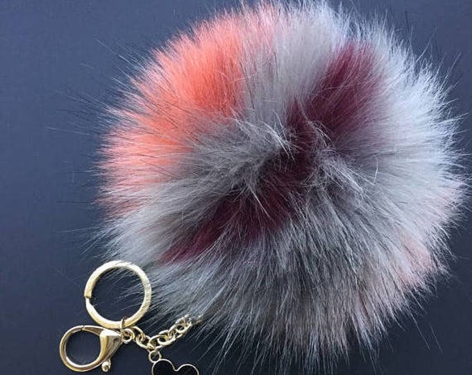 NEW! Faux Fox Fur Pom Pom bag Keyring Hot Couture Novelty keychain pom pom fake fur ball in Shades of grey