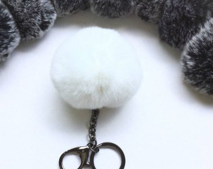 Gun Metal series Rabbit fur pom pom ball with elongated gunmetal keychain in crisp white