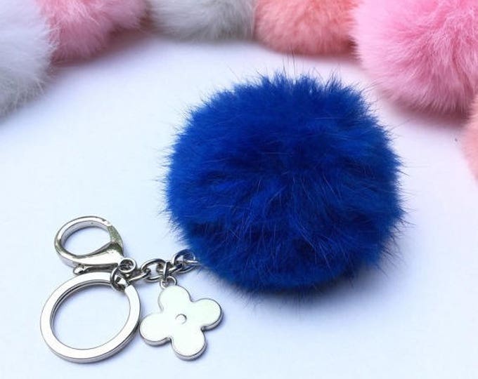 Silver Summer Series Royal Blue Rabbit fur pompom keychain ball with flower bag charm