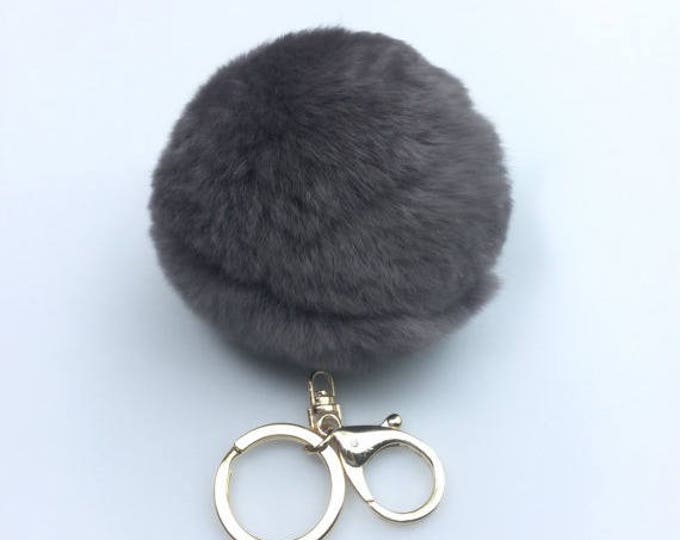 Grey fur ball key chain fur bagcharm pom pom