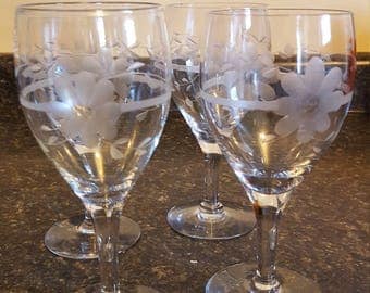 Set of 4 etched glass stemware