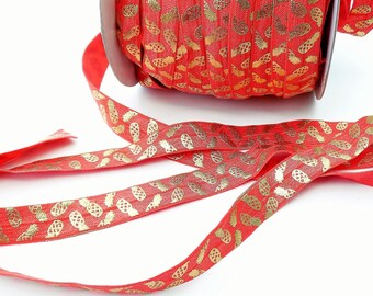 1 mètre Ruban élastique rouge corail et ananas dorés, largeur 16 mm