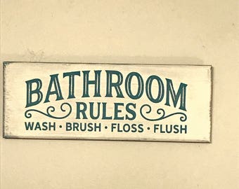 Bathroom wall decor, bathroom rules sign, bathroom sign, bathroom decor, wash brush floss flush, bathroom rules, rustic bathroom sign, wood