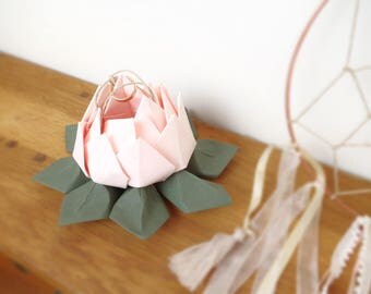 For wedding - lotus flower in pale pink and green - origami country chic wedding ring pillow