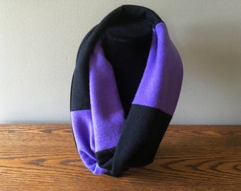 Upcycled cashmere infinity scarf #45. Felted black and purple infinity scarf.