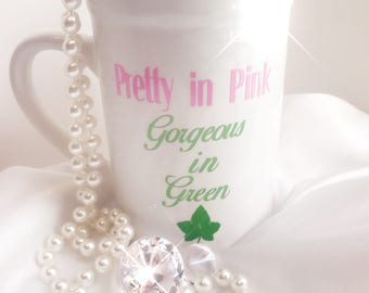 AKA Sorority Ceramic Mug | Insulated Cup | AKA Sorority | Pink Green | Handmade | Ceramic Mug | Pretty Girl | Personalized Cup