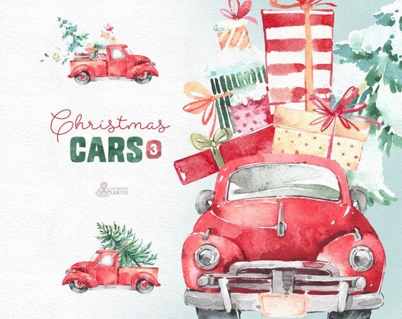 Christmas Cars 3. Watercolor holiday clipart vintage retro